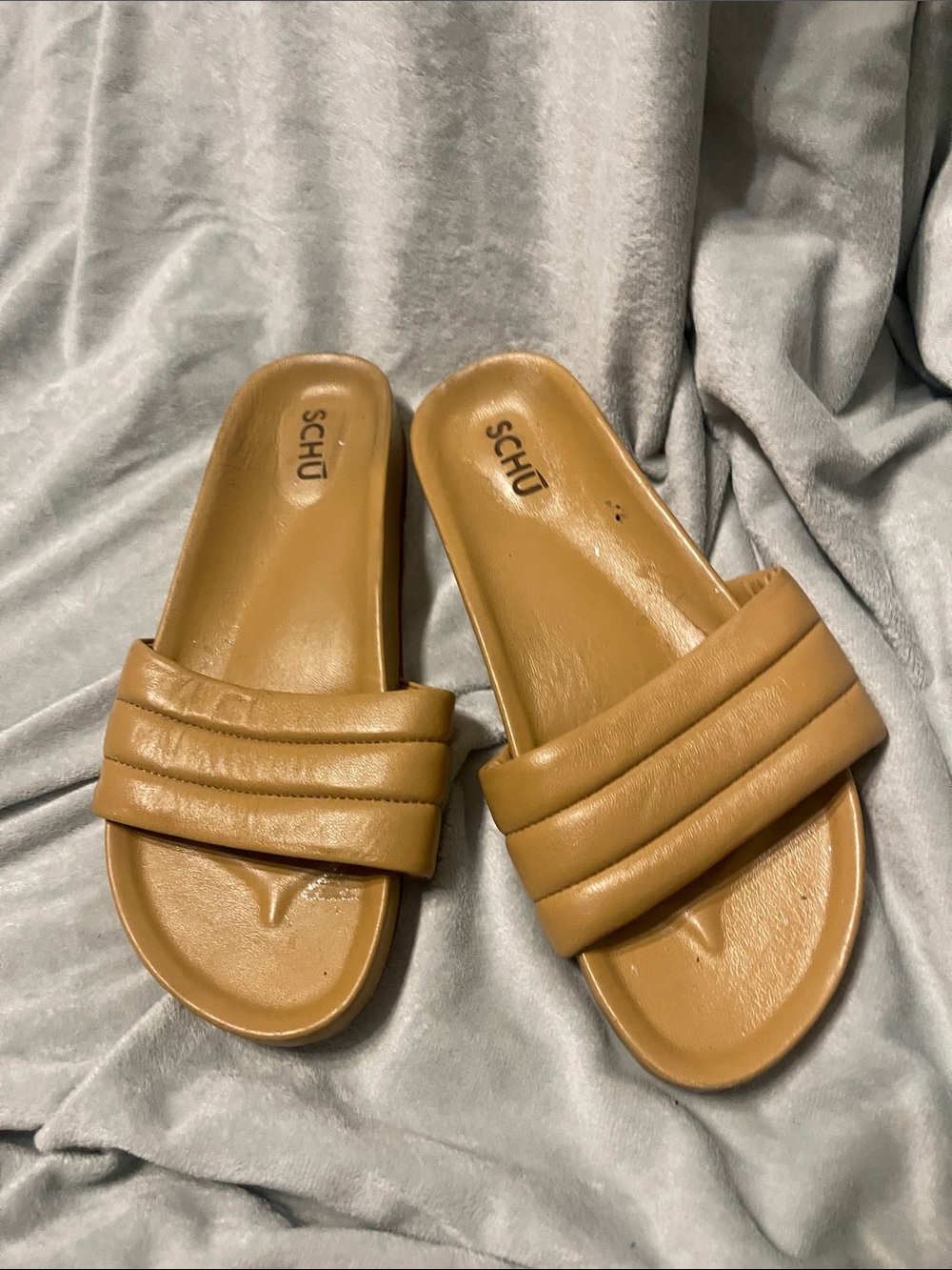 SCHUTZ Tan Padded Triple-Strap Slide Sandals